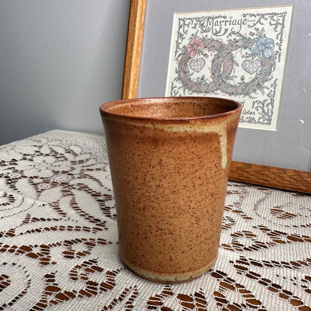 Celette Studio Pottery Tumbler MCM 1950s Red Clay Shino Glaze Signed Vintage